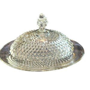 Vintage Domed Diamond Point‎ Indiana Glass Butter Dish Oval m8 3/4" x 6"